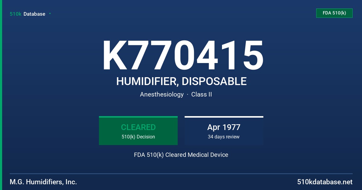 K770415 HUMIDIFIER, DISPOSABLE FDA 510(k) Cleared Medical Device