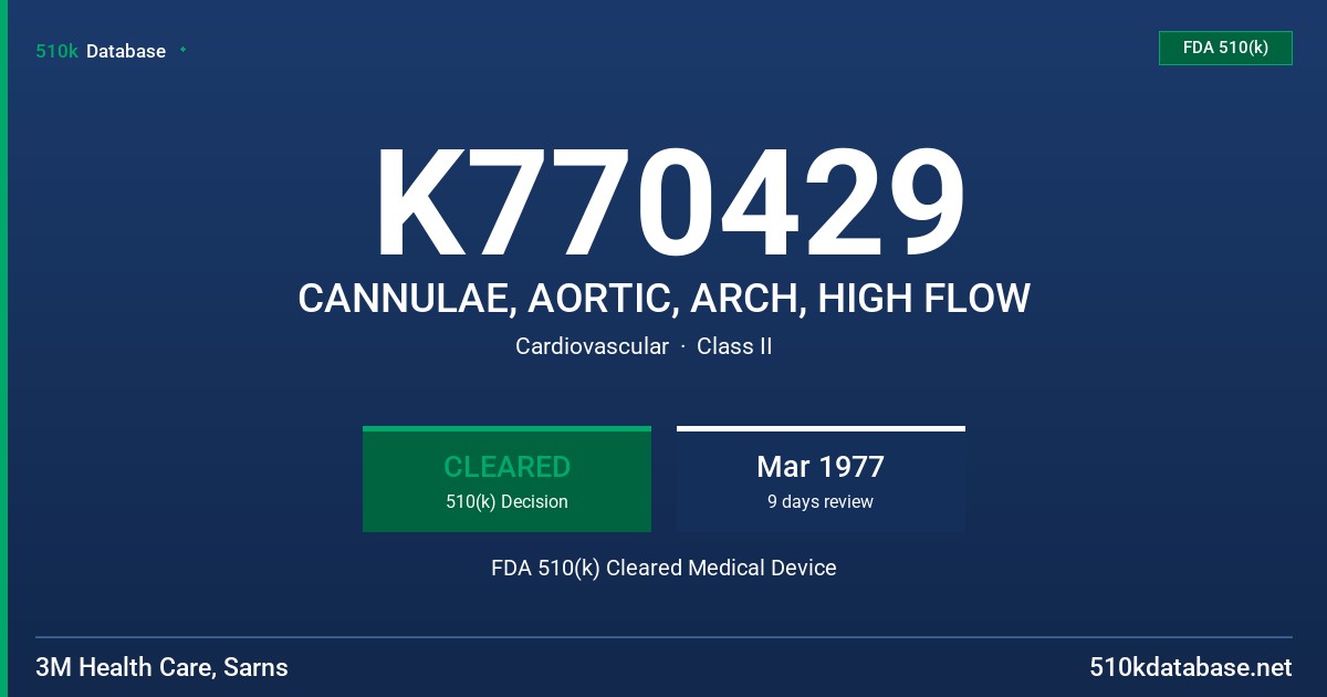 K770429 CANNULAE, AORTIC, ARCH, HIGH FLOW FDA 510(k) Cleared Medical Device