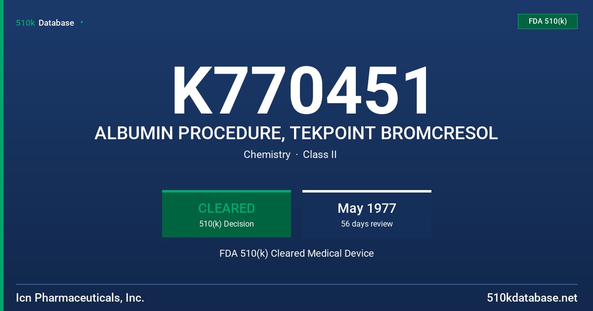 K770451 ALBUMIN PROCEDURE, TEKPOINT BROMCRESOL FDA 510(k) Cleared Medical Device