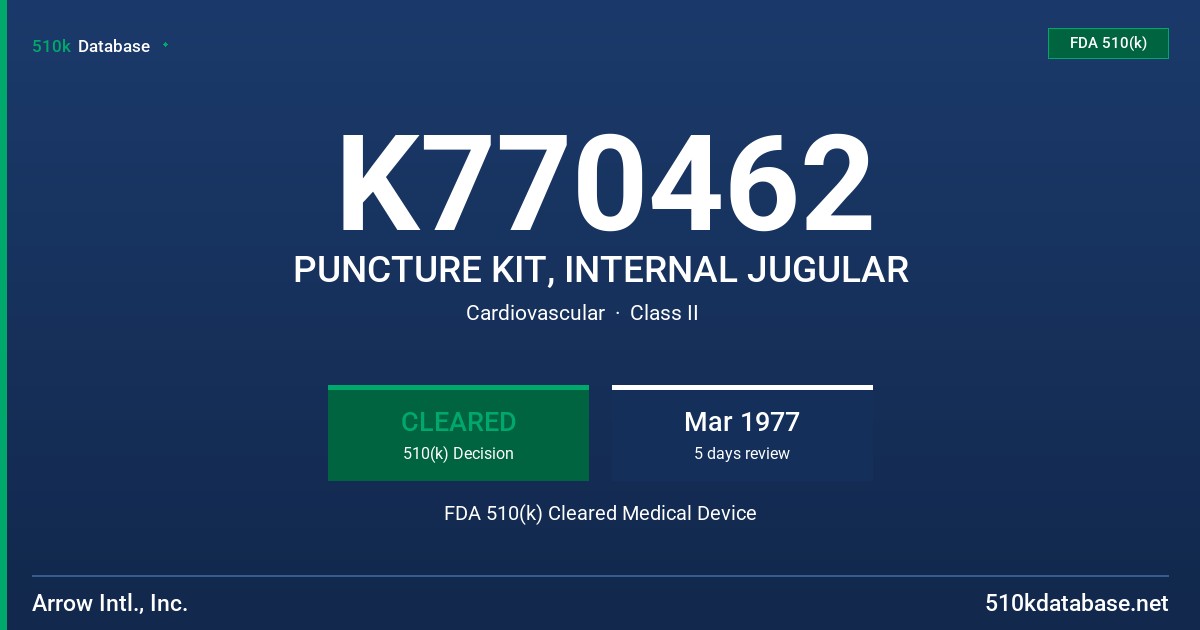 K770462 PUNCTURE KIT, INTERNAL JUGULAR FDA 510(k) Cleared Medical Device