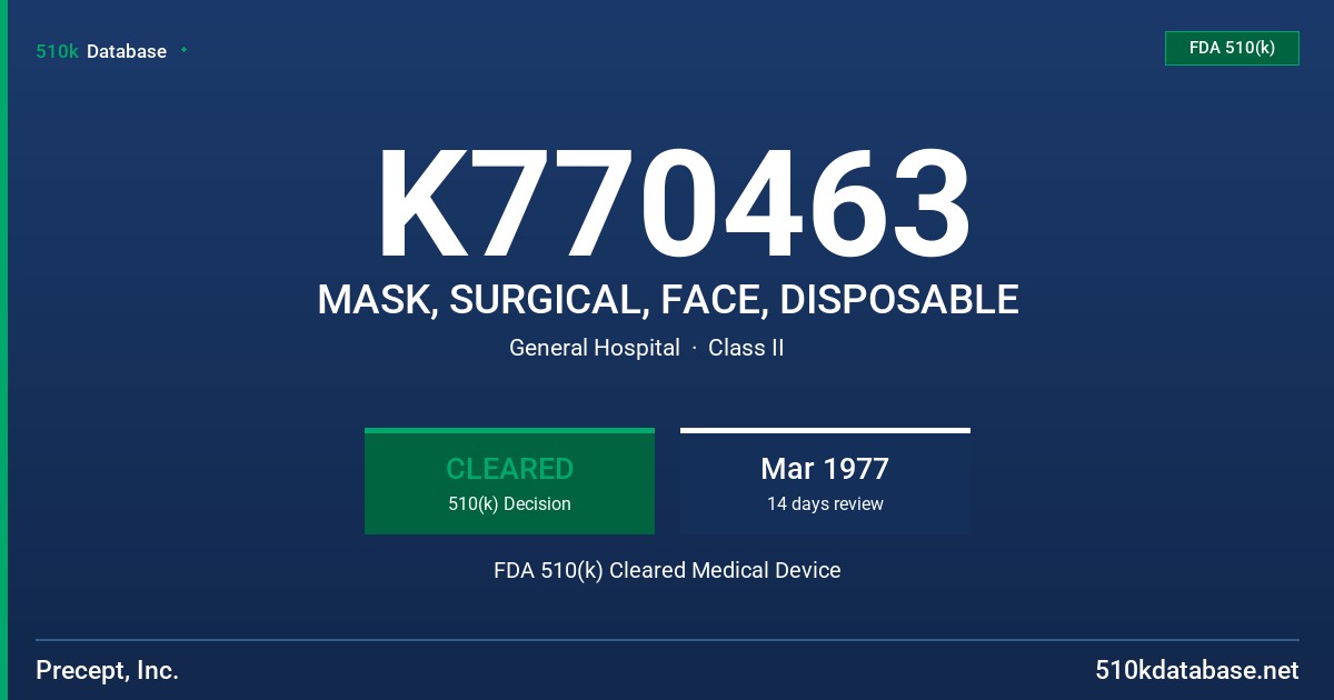 K770463 MASK, SURGICAL, FACE, DISPOSABLE FDA 510(k) Cleared Medical Device