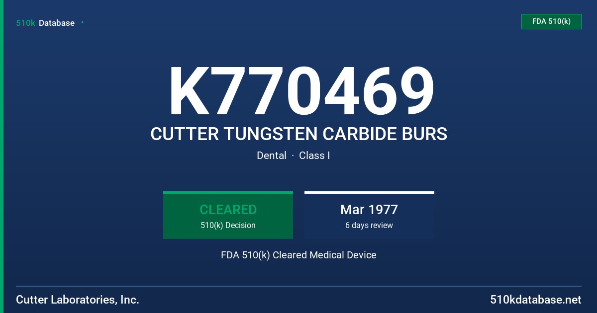 K770469 CUTTER TUNGSTEN CARBIDE BURS FDA 510(k) Cleared Medical Device