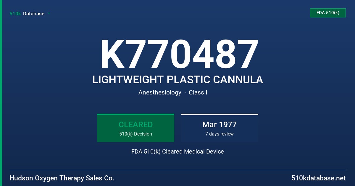 K770487 LIGHTWEIGHT PLASTIC CANNULA FDA 510(k) Cleared Medical Device