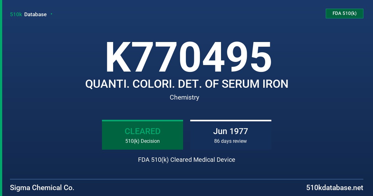 K770495 QUANTI. COLORI. DET. OF SERUM IRON FDA 510(k) Cleared Medical Device