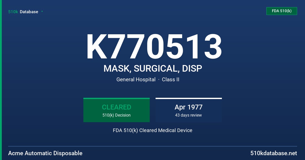 K770513 MASK, SURGICAL, DISP FDA 510(k) Cleared Medical Device
