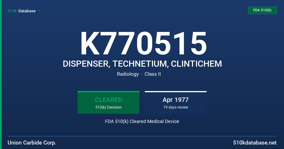 K770515 DISPENSER, TECHNETIUM, CLINTICHEM FDA 510(k) Cleared Medical Device
