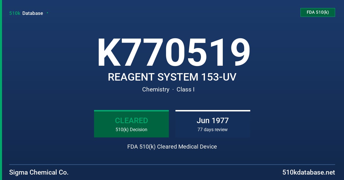 K770519 REAGENT SYSTEM 153-UV FDA 510(k) Cleared Medical Device