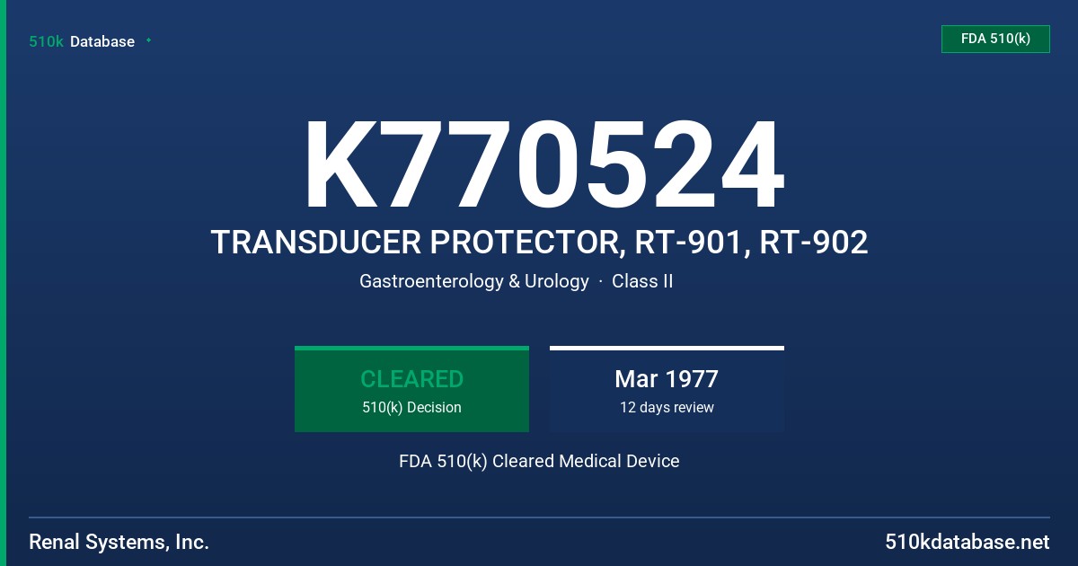K770524 TRANSDUCER PROTECTOR, RT-901, RT-902 FDA 510(k) Cleared Medical Device