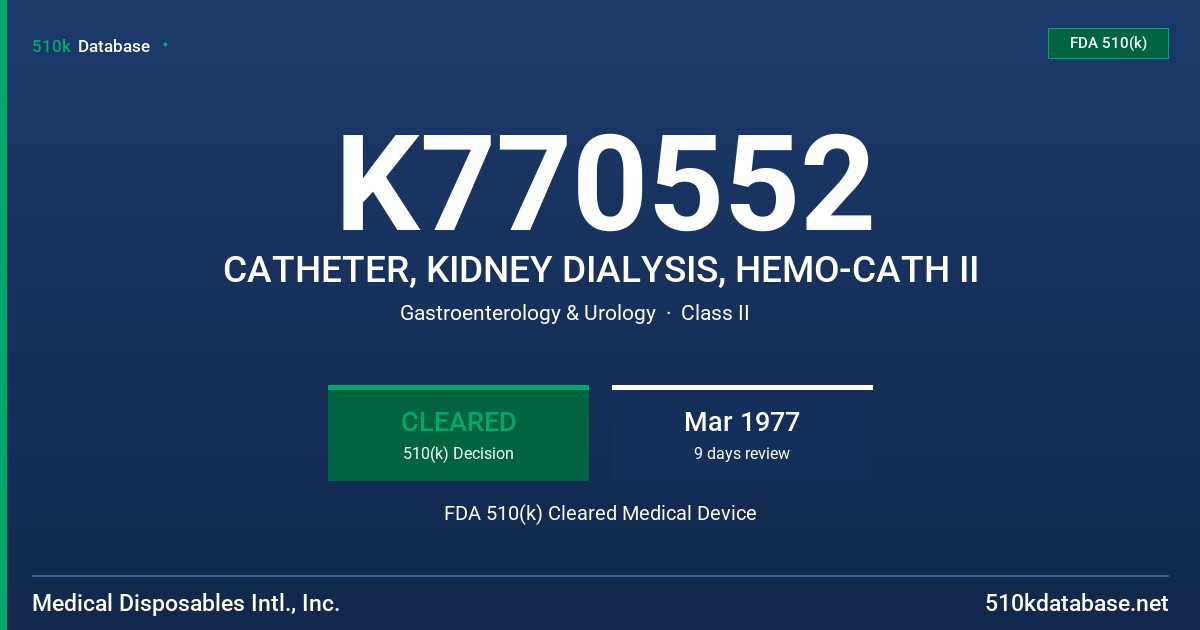 K770552 CATHETER, KIDNEY DIALYSIS, HEMO-CATH II FDA 510(k) Cleared Medical Device