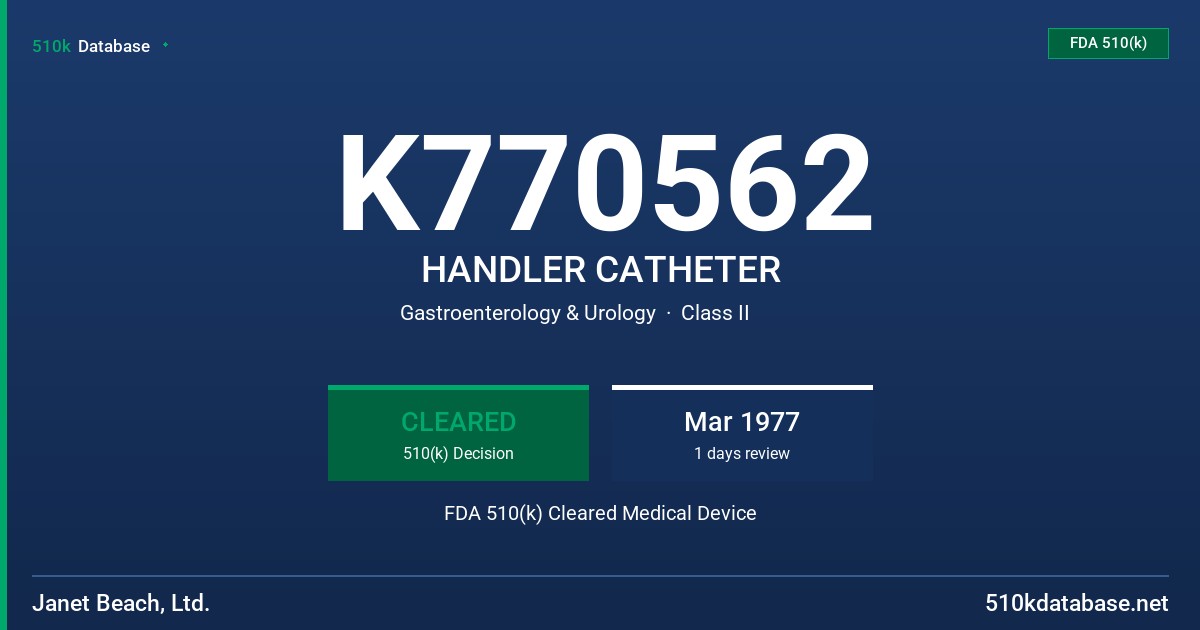 K770562 HANDLER CATHETER FDA 510(k) Cleared Medical Device