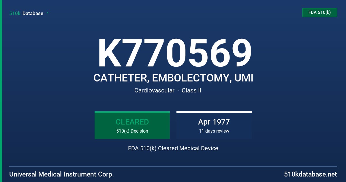 K770569 CATHETER, EMBOLECTOMY, UMI FDA 510(k) Cleared Medical Device
