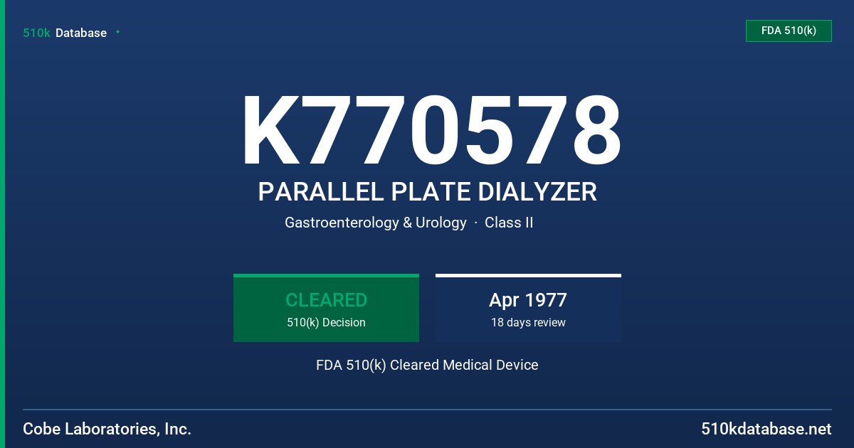 K770578 PARALLEL PLATE DIALYZER FDA 510(k) Cleared Medical Device