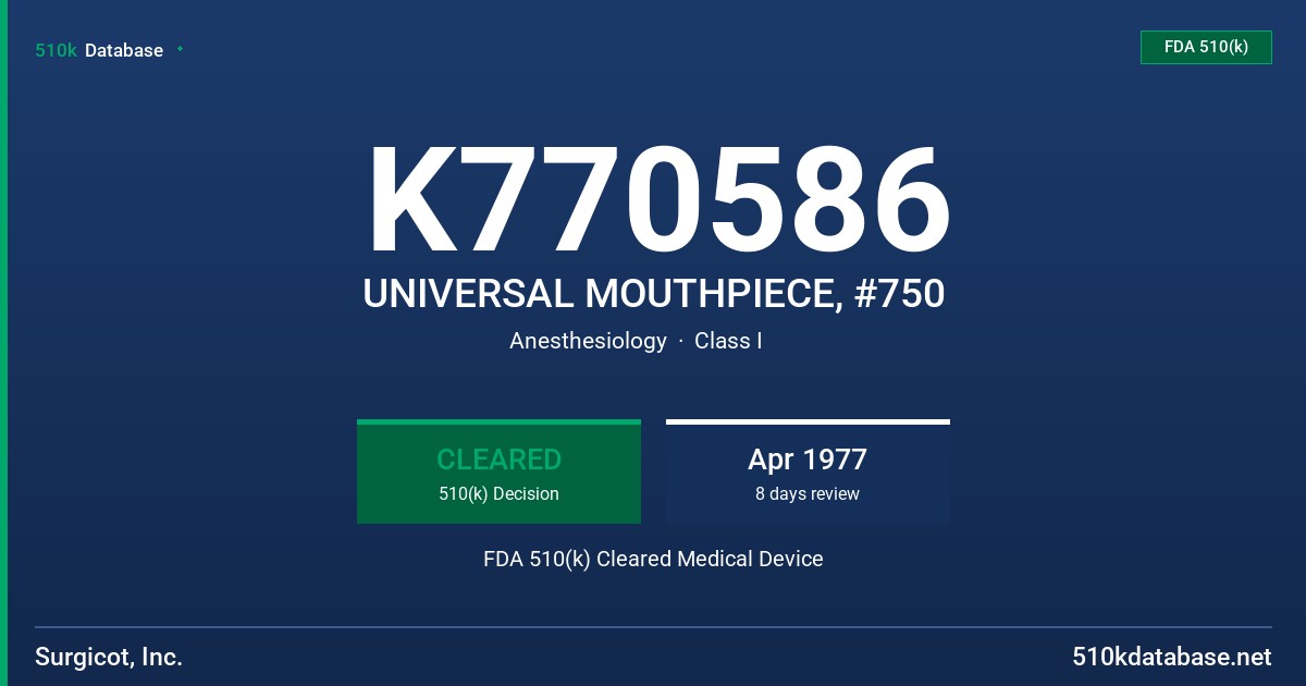 K770586 UNIVERSAL MOUTHPIECE, #750 FDA 510(k) Cleared Medical Device