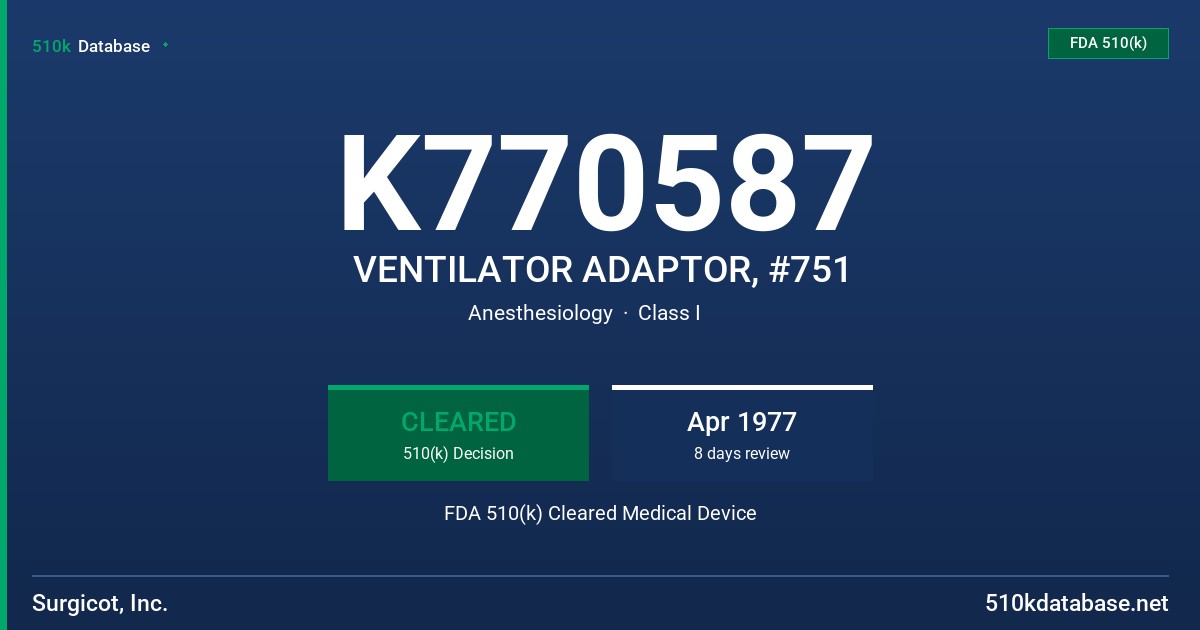 K770587 VENTILATOR ADAPTOR, #751 FDA 510(k) Cleared Medical Device