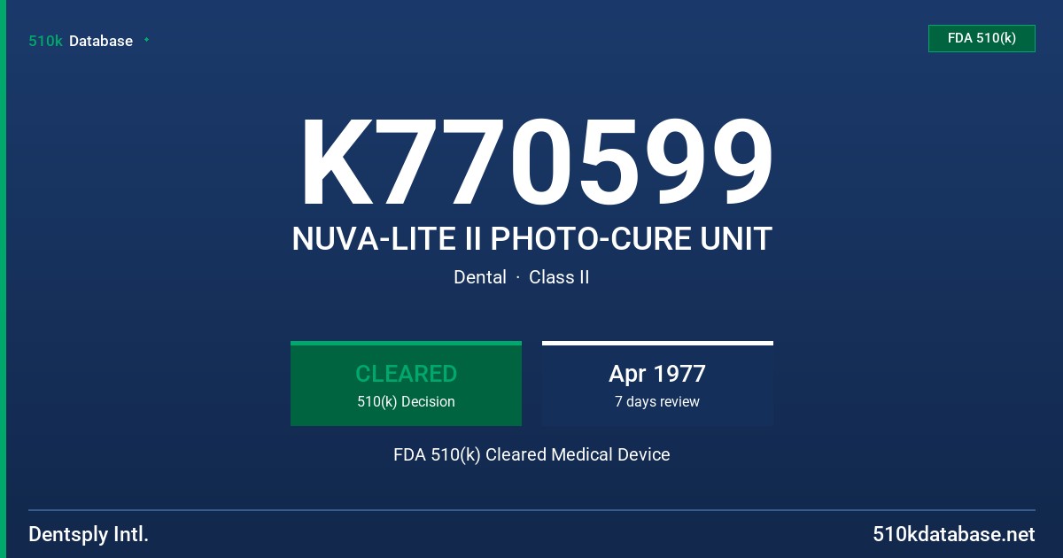 K770599 NUVA-LITE II PHOTO-CURE UNIT FDA 510(k) Cleared Medical Device