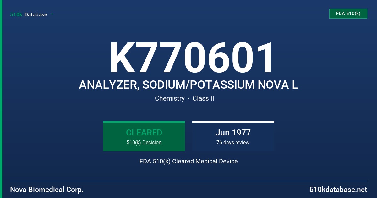 K770601 ANALYZER, SODIUM/POTASSIUM NOVA L FDA 510(k) Cleared Medical Device
