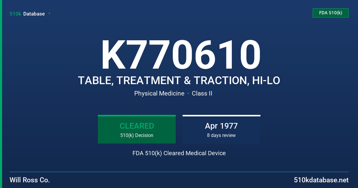 K770610 TABLE, TREATMENT & TRACTION, HI-LO FDA 510(k) Cleared Medical Device