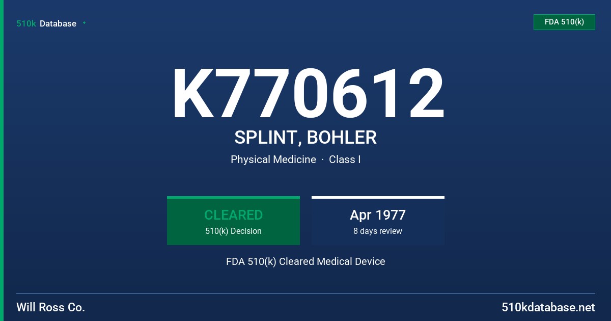 K770612 SPLINT, BOHLER FDA 510(k) Cleared Medical Device