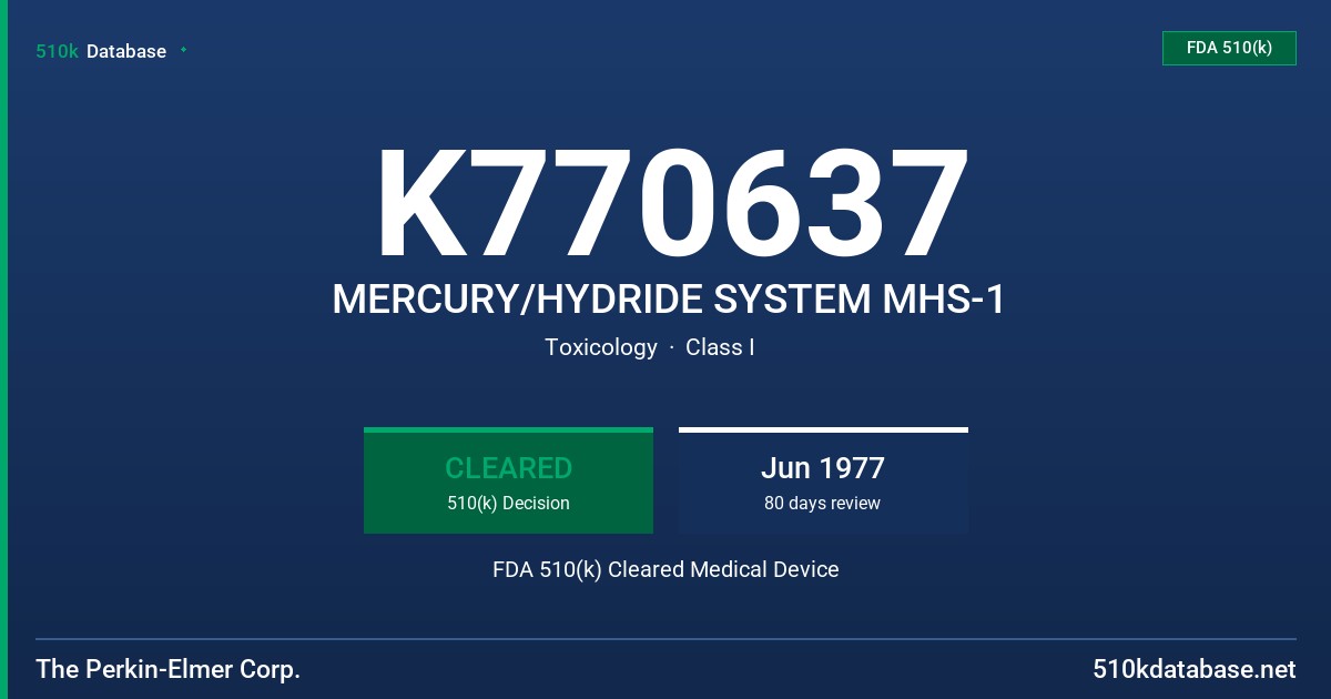 K770637 MERCURY/HYDRIDE SYSTEM MHS-1 FDA 510(k) Cleared Medical Device