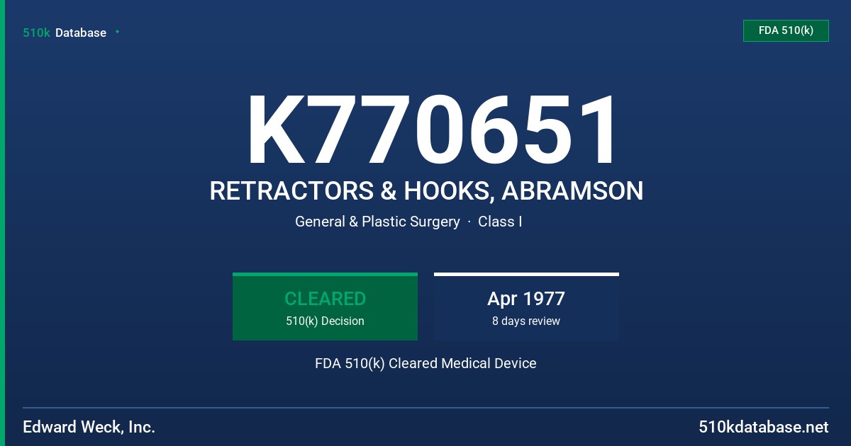 K770651 RETRACTORS & HOOKS, ABRAMSON FDA 510(k) Cleared Medical Device
