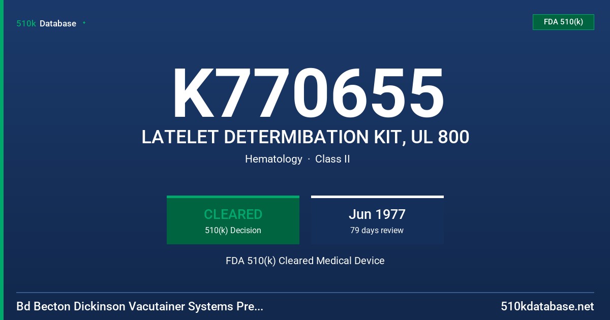 K770655 LATELET DETERMIBATION KIT, UL 800 FDA 510(k) Cleared Medical Device