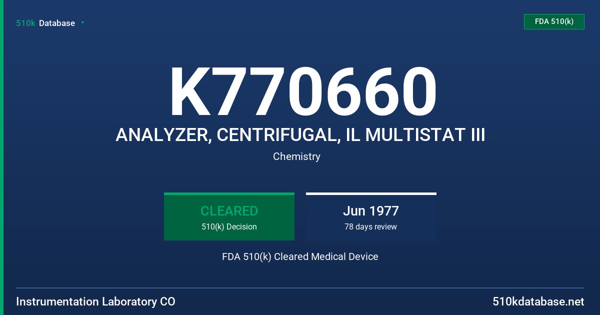 K770660 ANALYZER, CENTRIFUGAL, IL MULTISTAT III FDA 510(k) Cleared Medical Device