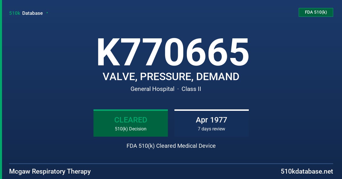 K770665 VALVE, PRESSURE, DEMAND FDA 510(k) Cleared Medical Device