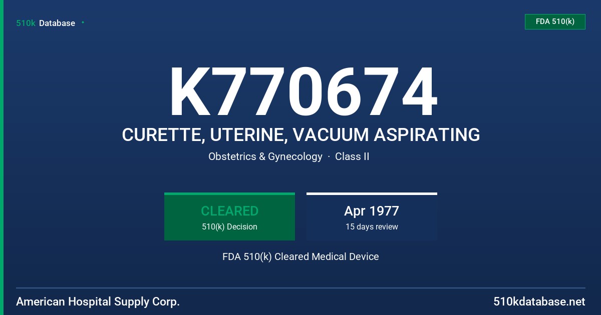 K770674 CURETTE, UTERINE, VACUUM ASPIRATING FDA 510(k) Cleared Medical Device