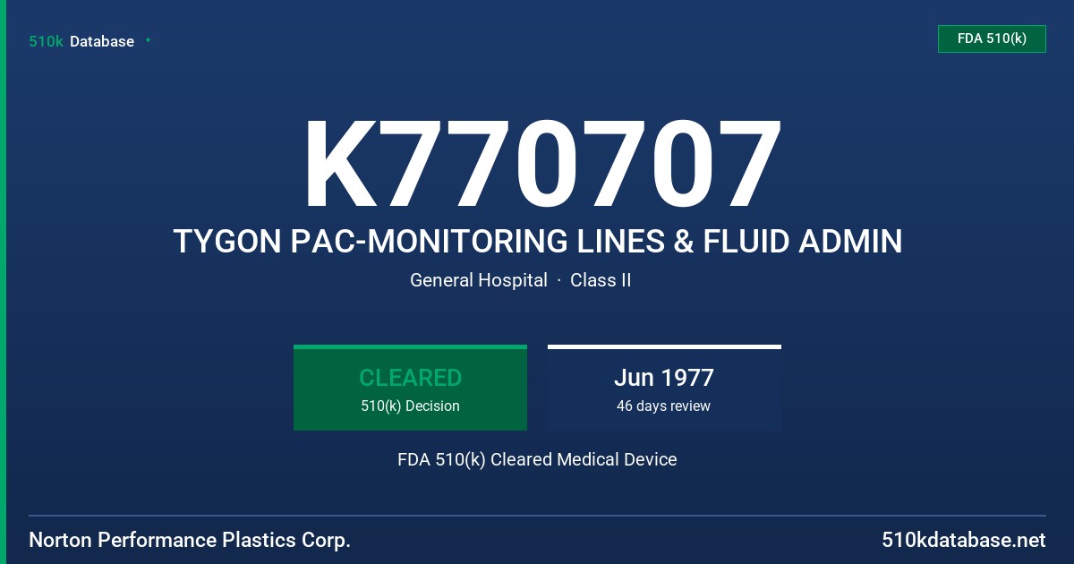 K770707 TYGON PAC-MONITORING LINES & FLUID ADMIN FDA 510(k) Cleared Medical Device