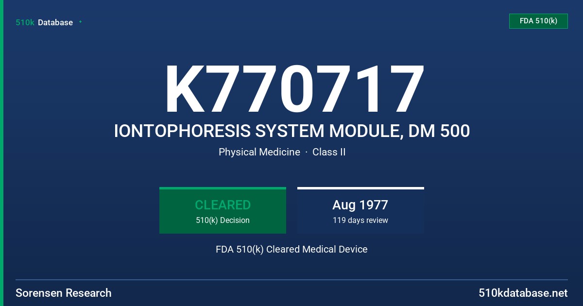 K770717 IONTOPHORESIS SYSTEM MODULE, DM 500 FDA 510(k) Cleared Medical Device