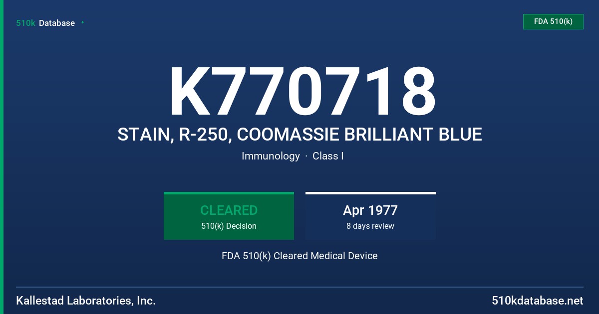 K770718 STAIN, R-250, COOMASSIE BRILLIANT BLUE FDA 510(k) Cleared Medical Device