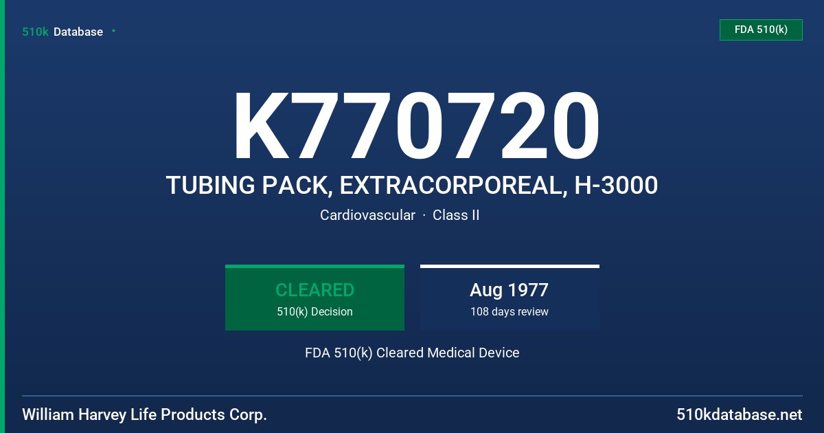 K770720 TUBING PACK, EXTRACORPOREAL, H-3000 FDA 510(k) Cleared Medical Device