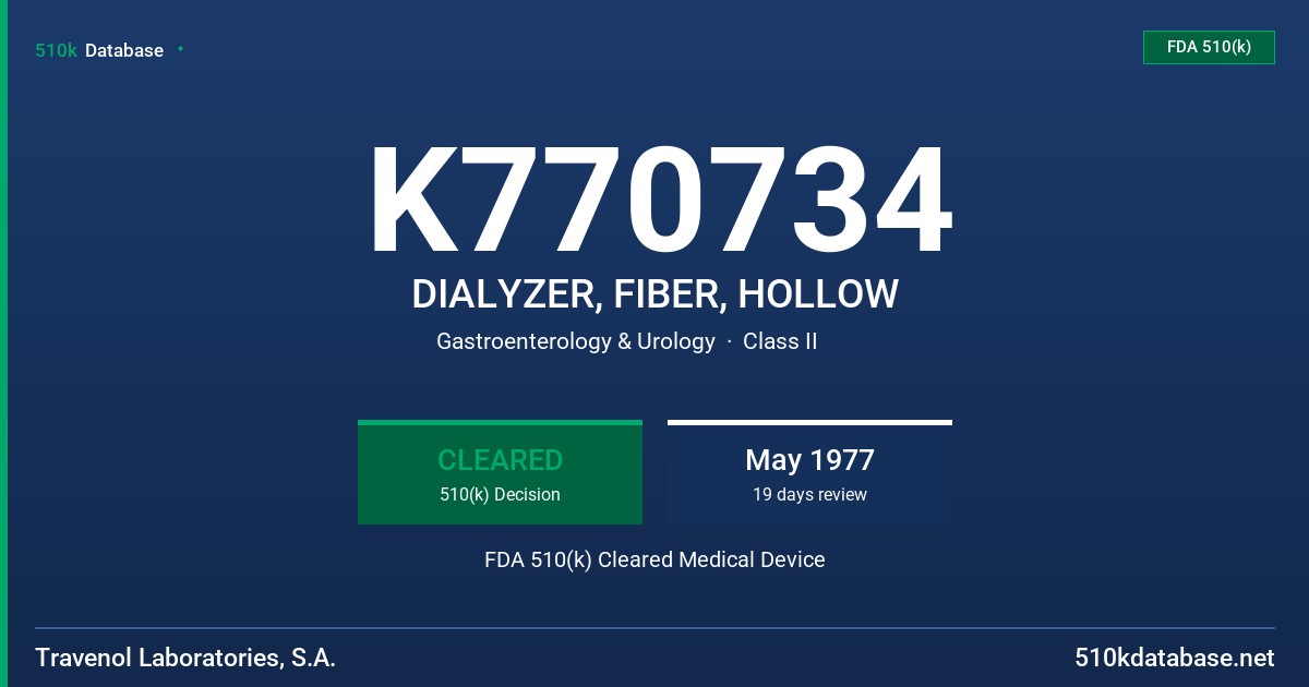 K770734 DIALYZER, FIBER, HOLLOW FDA 510(k) Cleared Medical Device