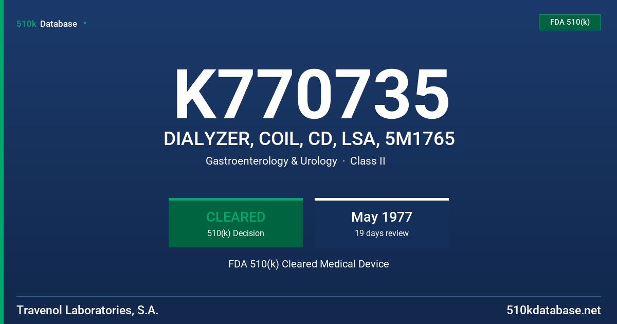 K770735 DIALYZER, COIL, CD, LSA, 5M1765 FDA 510(k) Cleared Medical Device