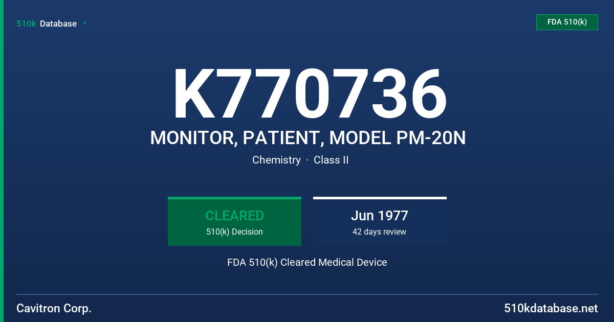 K770736 MONITOR, PATIENT, MODEL PM-20N FDA 510(k) Cleared Medical Device