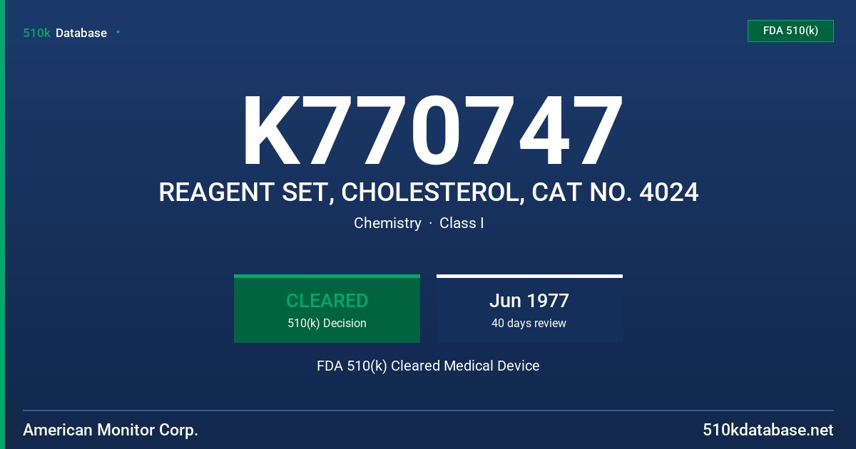 K770747 REAGENT SET, CHOLESTEROL, CAT NO. 4024 FDA 510(k) Cleared Medical Device