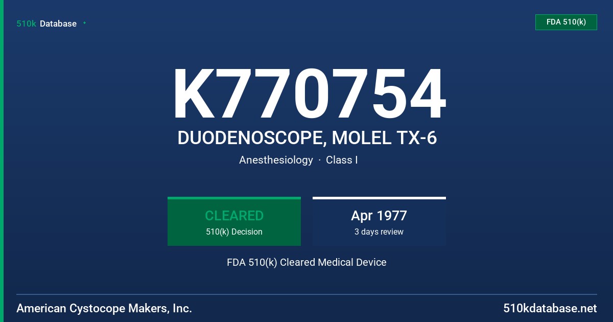 K770754 DUODENOSCOPE, MOLEL TX-6 FDA 510(k) Cleared Medical Device
