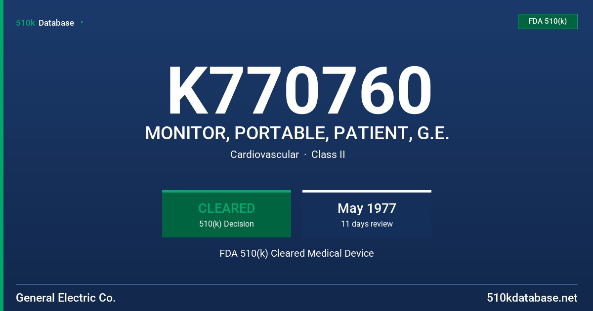 K770760 MONITOR, PORTABLE, PATIENT, G.E. FDA 510(k) Cleared Medical Device