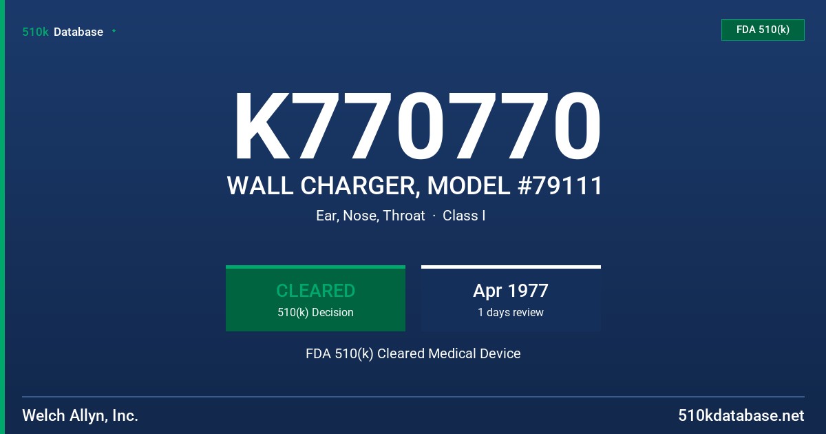 K770770 WALL CHARGER, MODEL #79111 FDA 510(k) Cleared Medical Device