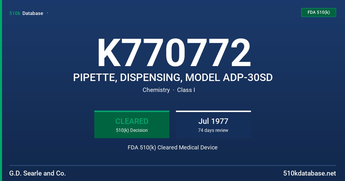 K770772 PIPETTE, DISPENSING, MODEL ADP-30SD FDA 510(k) Cleared Medical Device