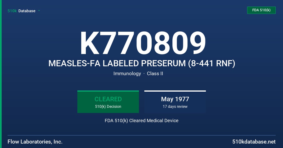 K770809 MEASLES-FA LABELED PRESERUM (8-441 RNF) FDA 510(k) Cleared Medical Device