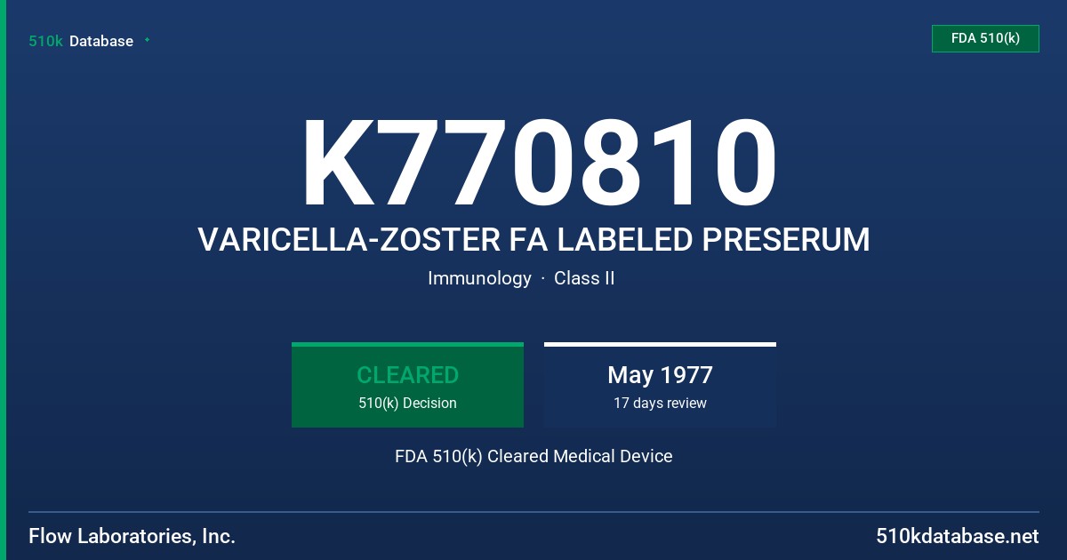 K770810 VARICELLA-ZOSTER FA LABELED PRESERUM FDA 510(k) Cleared Medical Device