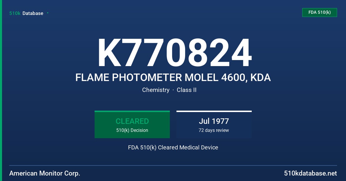 K770824 FLAME PHOTOMETER MOLEL 4600, KDA FDA 510(k) Cleared Medical Device