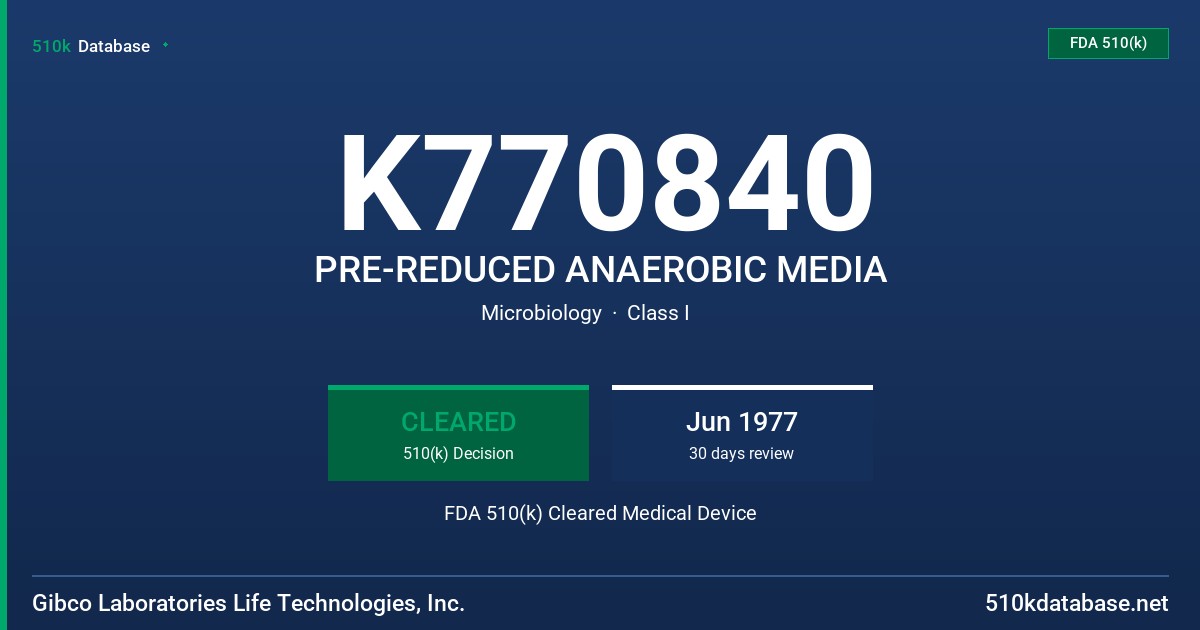 K770840 PRE-REDUCED ANAEROBIC MEDIA FDA 510(k) Cleared Medical Device