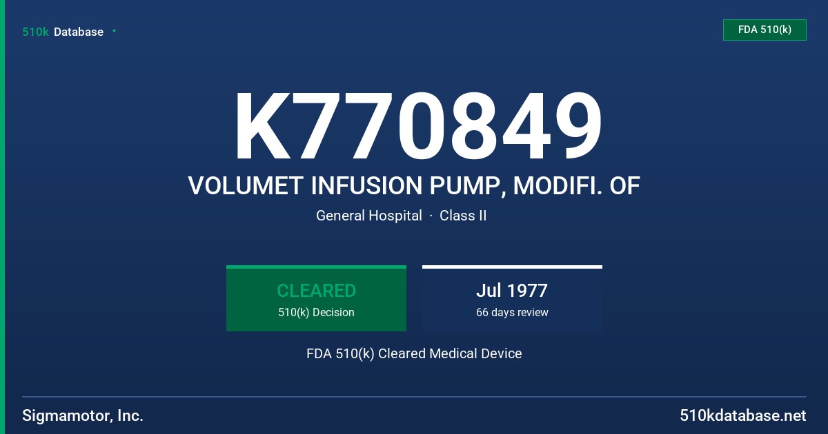 K770849 VOLUMET INFUSION PUMP, MODIFI. OF FDA 510(k) Cleared Medical Device