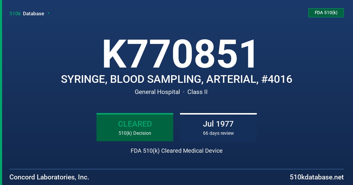 K770851 SYRINGE, BLOOD SAMPLING, ARTERIAL, #4016 FDA 510(k) Cleared Medical Device