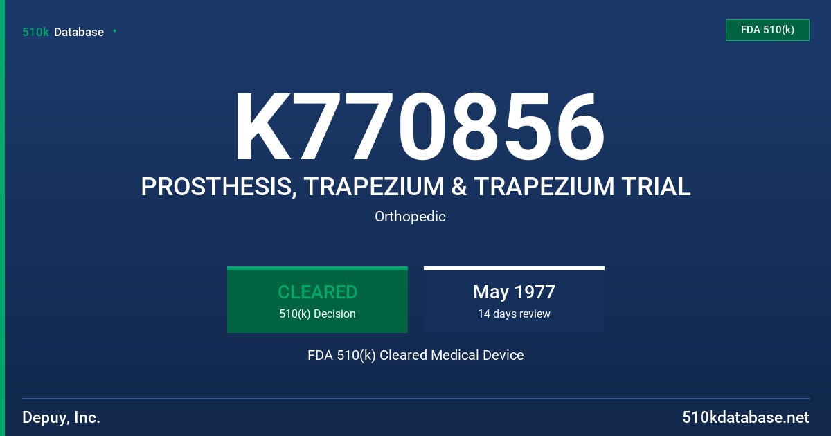 K770856 PROSTHESIS, TRAPEZIUM & TRAPEZIUM TRIAL FDA 510(k) Cleared Medical Device