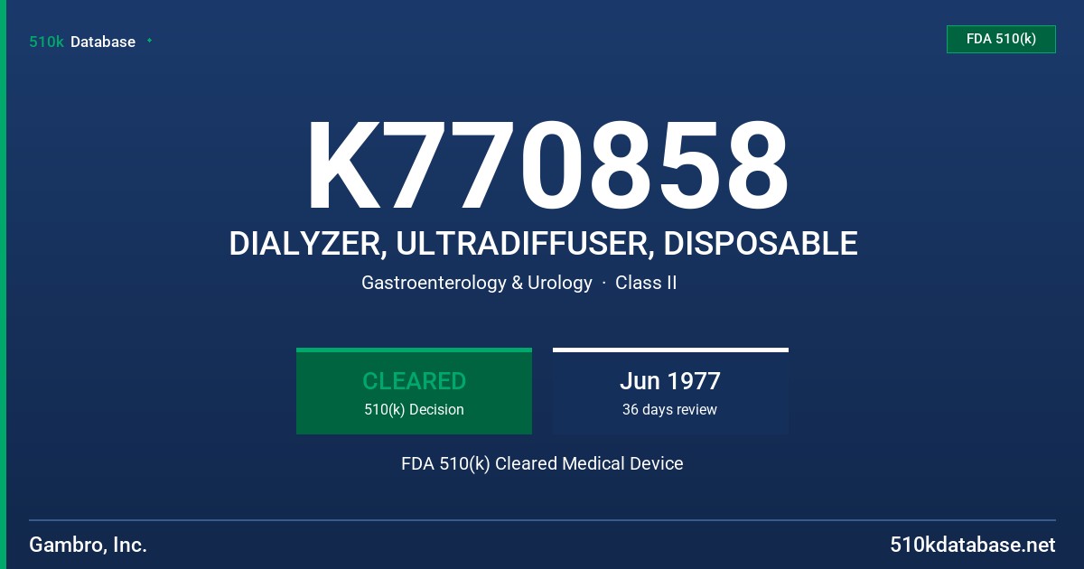 K770858 DIALYZER, ULTRADIFFUSER, DISPOSABLE FDA 510(k) Cleared Medical Device