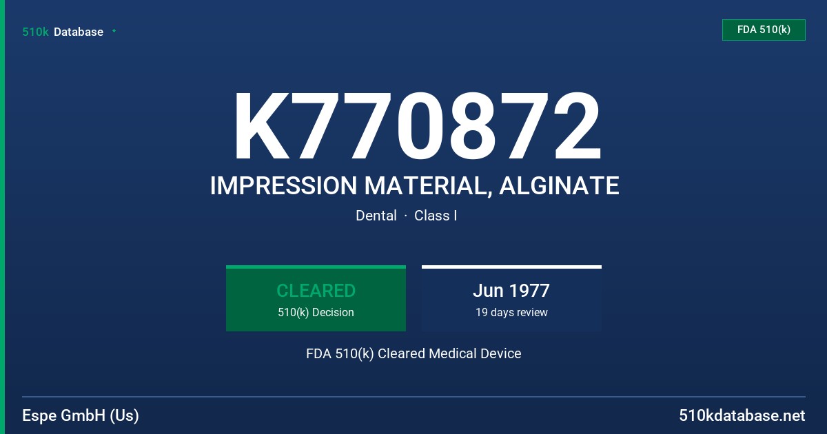 K770872 IMPRESSION MATERIAL, ALGINATE FDA 510(k) Cleared Medical Device