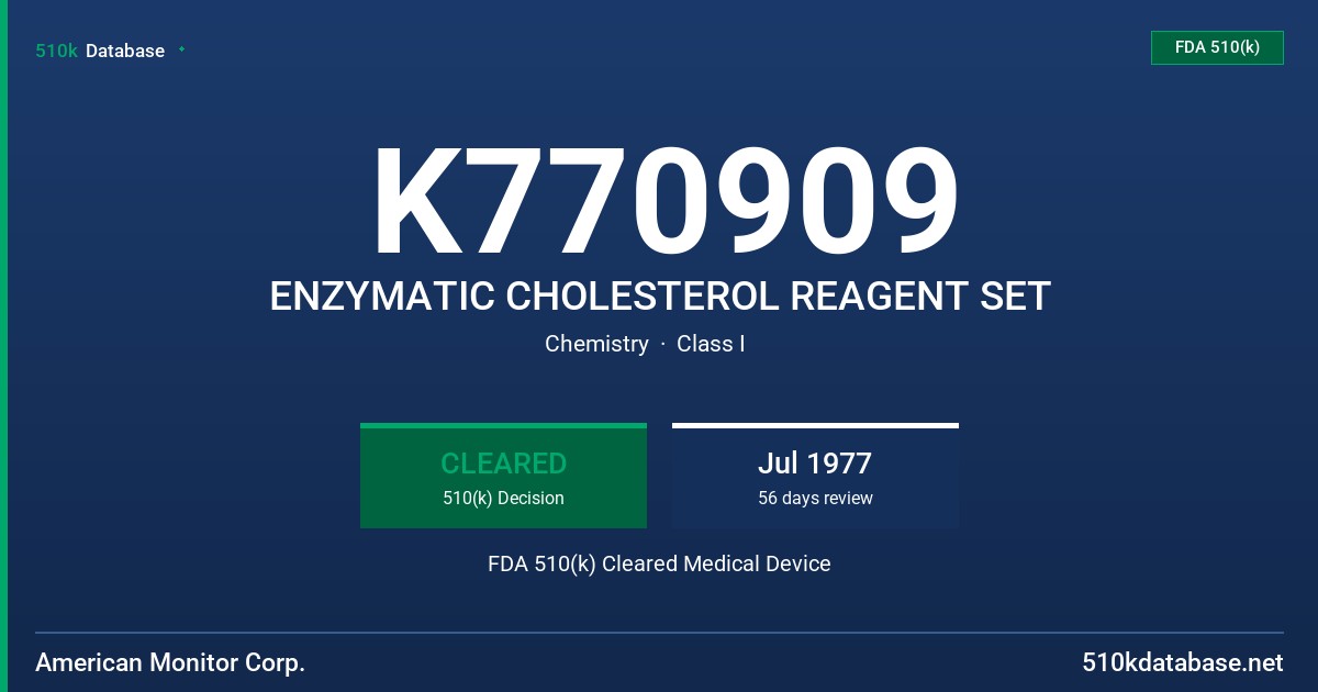 K770909 ENZYMATIC CHOLESTEROL REAGENT SET FDA 510(k) Cleared Medical Device